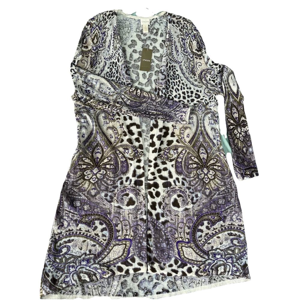 Chico's Paisley Asherton Cardigan Sweater 3 Open Front Linen Blend NWT